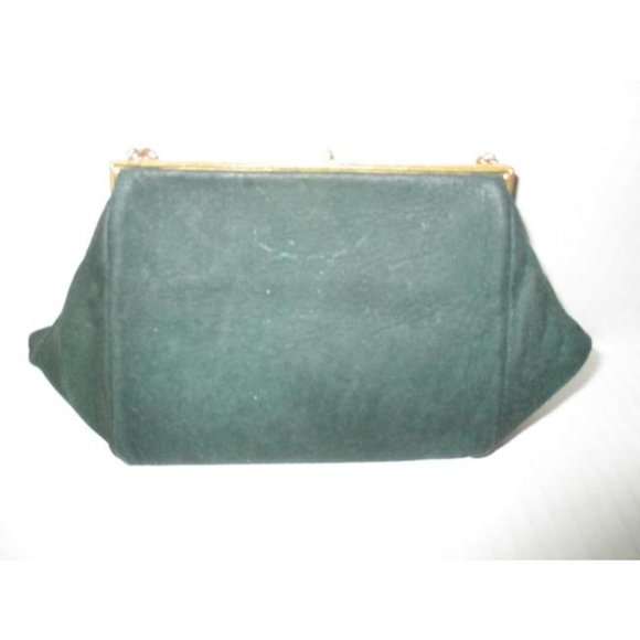 *Vintage Forest Green Felt Faux Pearl Clasp Closure Wristlet Clutch - Picture 4 of 4